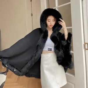 Hooded Large Size Double Side Cashmere Wool Fur Shawl Poncho Fur Lined Shawl Women Winter