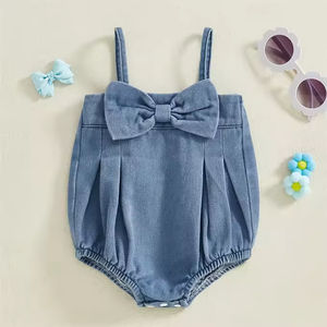 1 Pcs Private Label Recém-nascido Infantil Bebê Menina Denim Roupas Praça Pescoço Bow Strap Frente Macacão Sem Mangas Do Bebê Meninas Romper - Product Image 6