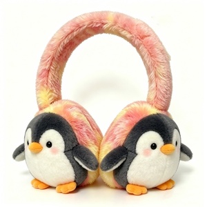 Orejeras de Felpa Personalizadas con Diseño de Pingüino Tie-Dye en Tonos Pastel, Suaves Calentadores de Orejas de Invierno con Degradado Rosa-Amarillo para Niños - Product Image 1