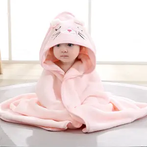 Grosir handuk mandi bayi beludru Koral, dengan tudung sangat lembut dan penyerap jubah mandi balita baru lahir hadiah handuk mandi