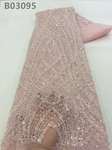 Tela de encaje bordado con lentejuelas pesadas blancas puras al por mayor tela de encaje con cuentas de cristal de malla francesa para vestido de noche de boda