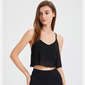 Women V Neck Mesh Ruffle <b>Flowy</b> Yoga Crop <b>Top</b> Thin Crisscross Back Sleeveless Padded Workout Tank <b>Top</b> Quick Dry Fitness Cami - Product Image 4