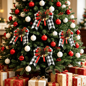 Ornamen Pita Natal Motif Kotak-kotak Buffalo dari Kain Goni dengan Hiasan Buah Pinus, Jarum Pinus, dan Berry Merah untuk Karangan Bunga Natal, Pohon Natal, dan Pita Hadiah Natal - Product Image 1