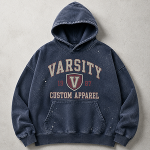 Felpa con Cappuccio Oversize Vintage Blu Navy Effetto Acid Wash 100% Cotone con Stampa Lettering, Pullover Casual Comodo da Uomo - Product Image 1