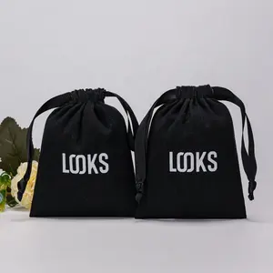 High Quality Medium Black Cotton Canvas Dust Bag With White Printing Logo For Cap Shoe Hats Packaging Storage Drawstring Pouch