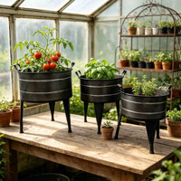 Set 3 Pot Tanaman Logam Galvanis Vintage dengan Dudukan, Pot Bunga Besi Bertingkat dengan Pegangan untuk Dekorasi Taman, Halaman, dan Rumah