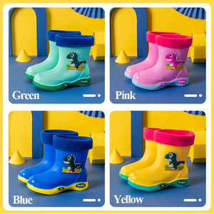 Chaussures d'eau pour fille garçon chaussures imperméables mignonnes bottes de pluie enfants PVC caoutchouc motif dinosaure chaussures de pluie avec velours amovible - Product Image 4