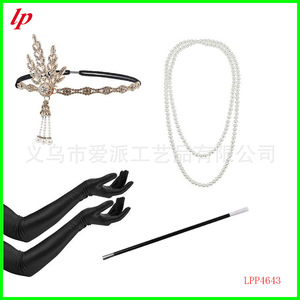 LPP4643 Flapper Girl Costume Set Black Long Gloves Pearl Necklace <b>Headband</b> Cigarette Holder Party Props - Product Image 1