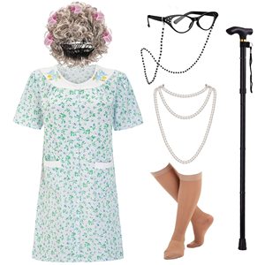 Costume <span class=keywords><strong>Vieille</strong></span> <span class=keywords><strong>Dame</strong></span> Robe Perruque Collier Lunettes Bas Canne Halloween Cosplay Outfit Cosplay Party Costume Set Funny Dress Up - Product Image 1