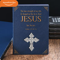 Carnet de prière personnalisé en similicuir avec logo chrétien, croix embossée, verset biblique, couverture rigide et reliure sans fil