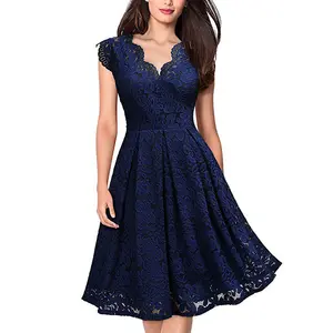 Summer Vintage Flower Hollow Lace V-Neck Bodycon Women Casual Dress Sleeveless Mother of Bride Dress