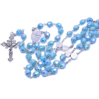 Vente en gros de perles de chapelet catholique en plastique bleu de 8mm chaîne en argent médaille Saint-Benoît croix de jésus collier de bijoux religieux