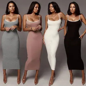 Simple Classic Cotton Knitted Spandex Bodycon Tight Midi Spaghetti Strap Sleeveless Spring Ladies Cheap Casual Summer Long Dress