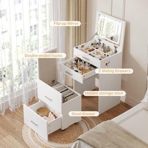Airynee 3-in-1 Compact <strong>Vanity</strong> Desk Lighting Mirror Cushioned Stool 3 Drawers Flip-up Feature 3 Colors Small <strong>Makeup</strong> <strong>Vanities</strong> - Product Image 2