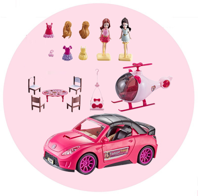 KSF Hot Selling Fashion Sports Car Toy with Helicopter Yacht Light & Sound Beauty Doll 2 Dolls Plastic Children's Toys for Girls