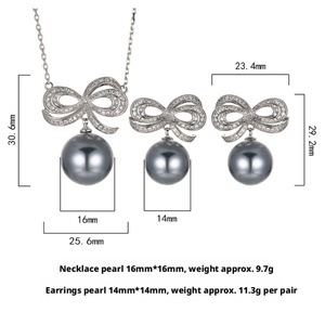 Delicate Eco-friendly Grey <b>Pearl</b> Jewelry <b>Set</b> 16mm/14mm <b>Pearl</b> Bow Knot Design Gold Plated Necklace Earrings <b>Set</b> for Women - Product Image 6
