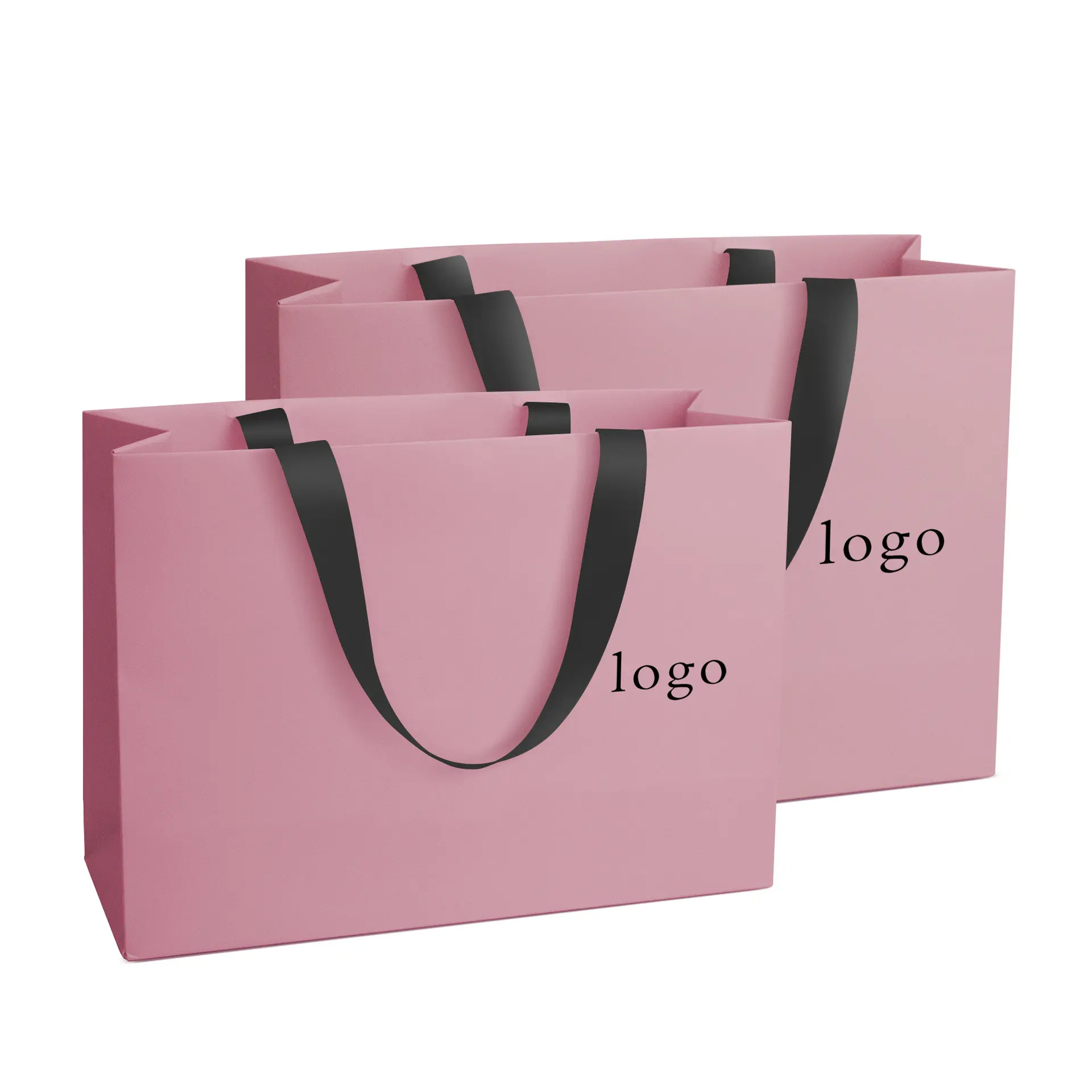 Sacola de papel rosa luxuosa com logotipo personalizado, sacola de presente colorida para compras, sacola de papelão para roupas