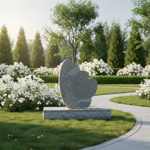 Granite American Modern Cemetery Headstone Heart and Flowers Design Great Padang Grey (G614) All Polished - Product Image 1