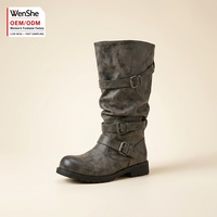 Bottes de moto mi-mollet décontractées pour femmes en similicuir vintage à faible MOQ, bout rond plat, avec boucle, pour automne-hiver, ODM