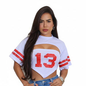 Haut court décontracté pour femme, style sport vintage, col rond uni, en jersey, imprimé numérique, manches courtes, respirant, épaules tombantes - Product Image 1