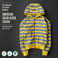 Sweat à capuche unisexe zippé à rayures color block bleu jaune, style streetwear, personnalisable OEM ODM, vente en gros, veste décontractée