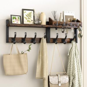 Solid Wood Wall Mounted Coat Rack With <b>Hooks</b> And <b>Shelf</b> For Entryway Storage Organizer Key Hat Display Rack - Product Image 1