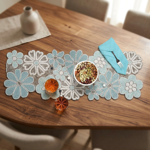 Embroidered Floral <b>Table</b> <b>Runner</b> Cotton Washable Home Decor Classic Style Blue White Pattern - Product Image 1