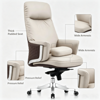 Fauteuil de Direction Ergonomique Moderne et Confortable en Cuir Véritable Marron, Pivotant, avec Accoudoirs, Chaise de Bureau pour PDG et Dirigeants, Structure en Aluminium, Style Aile