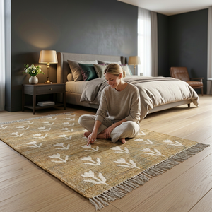 Tapis en jute à motif floral, rectangulaire, à poils ras, style bohème, antidérapant, pour chambre à coucher - Product Image 1