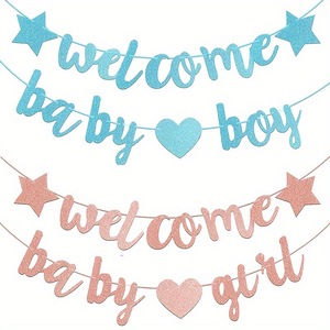 Banderín de bienvenida para bebé, niño o niña, con letras, forma de estrella y corazón, de papel brillante, para revelación de género, decoración de fondo para baby shower - Product Image 4
