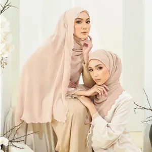 Hijab de chiffon cor simples, alta qualidade, para senhoras, grandes flores, bordados, sulam, xale, faróis, turbante, malásia