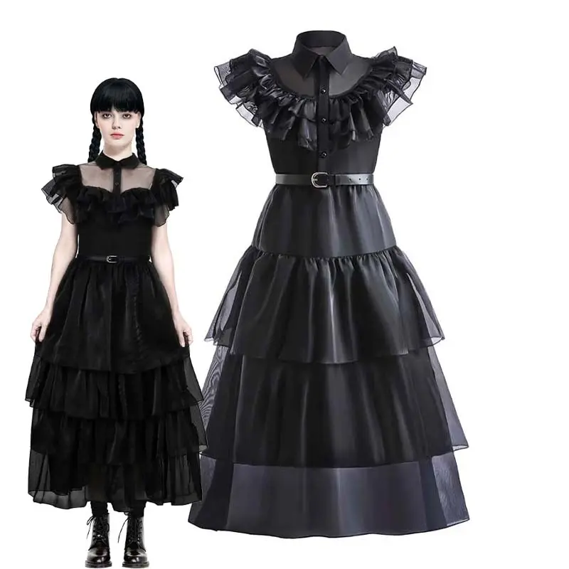 Halloween Suit Adult Black Raven Gothic Tulle Lace Wednesday Addams Adult Costume GCDR-011