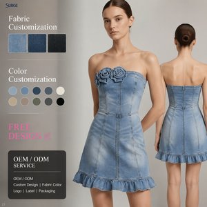 Robe de soirée moulante sans bretelles en denim polyester personnalisé pour femme, avec appliques florales 3D et ourlet <span class=keywords><strong>à</strong></span> volants - Product Image 1