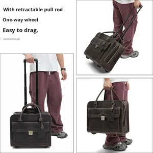 Valise à roulettes en cuir véritable personnalisée en usine avec serrure à code et poignée souple |   Valise de voyage d'affaires à roulettes pivotantes - Product Image 3