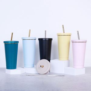 Wholesale Travel Ice 500ml 700ml <b>Coffee</b> Mugs Drink <b>Bottle</b> <b>Coffee</b> Cup Matte Stainless Steel Tumblers with Straw and Lid in Bulk - Product Image 1