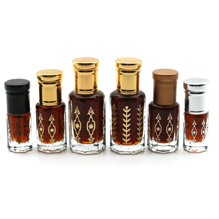 Oro personalizzato logo 3ml 6ml 12ml di stampa di vetro bottiglia di olio di profumo attar ottagonale con roll on/bastone per oud olio