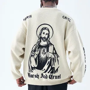 Accepted Customized LOGO New Design Fashion Casual Crew Neck Pullover Oversized Jesus Gothic Jacquard Knit Men's Sweater