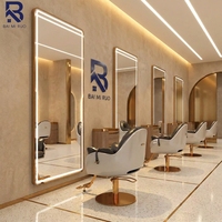 Miroir de salon LED doré de luxe, miroir pleine longueur pour coiffure, station de coiffage professionnelle pour barbier, miroir de beauté rétroéclairé OEM