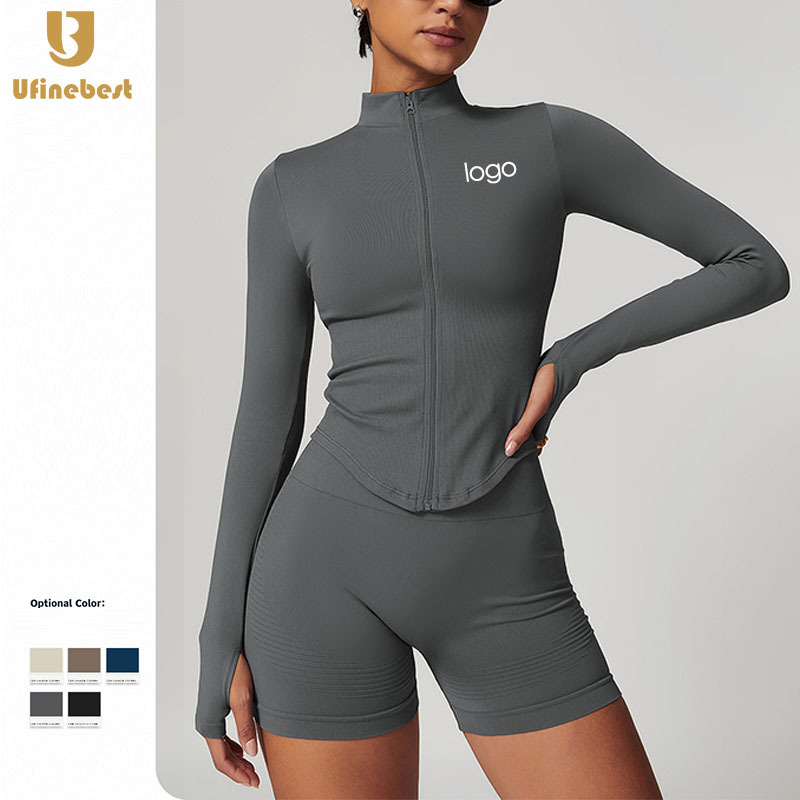 Long-Sleeved Stand Collar Custom Zipper Yoga Jacket Women'S Tight Quick-Drying Yoga Clothes Outdoor Gym Fitness Sports Tops