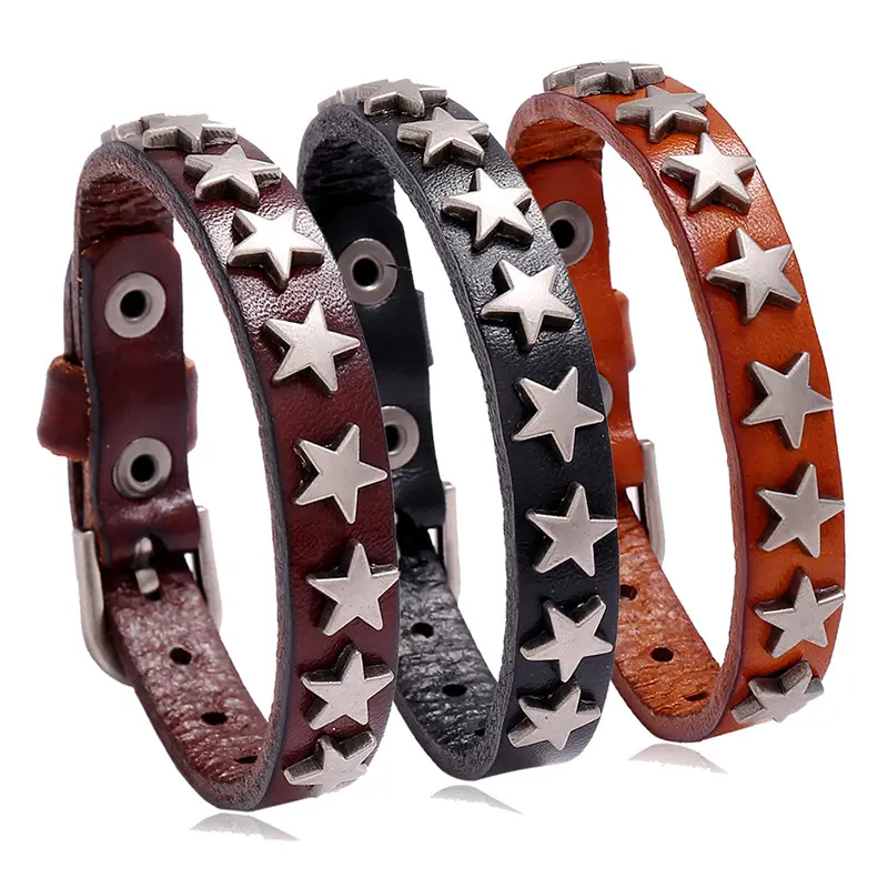 Punk Vintage Pentagramm verstellbare besetzte Stern Leder Manschette Armband Schnalle Gürtel Armband Männer Frauen