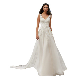 Wedding Dress A-Line V-Neck Lace Embroidery Organza Tulle Train Pure White Ivory - Product Image 4