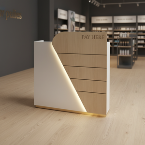 Mostrador de Caja Moderno para Comercio Minorista, Mostrador de Recepción Curvo de Madera, Panel con Iluminación LED, Mostrador de Facturación para Tienda, Gabinete de Almacenamiento, Diseño Personalizado - Product Image 3
