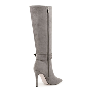 Bottes longues à talon fin en daim souple grande taille 47, coupe large, talons aiguilles, boucles métalliques, bottines hautes pour femmes - Product Image 5