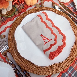 Custom French Luxury Double Scalloped Embroidered Edge <b>Table</b> <b>Cloth</b> Pure 100% Organic <b>Linen</b> Napkin Placemat for Hotel Wedding - Product Image 3