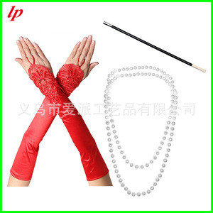 LPP4577 1920s <b>Gatsby</b> Party Gloves Pearl Necklace Set Women's Costume <b>Accessory</b> Black White Red - Product Image 2