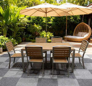 Ensemble <span class=keywords><strong>de</strong></span> table à manger <span class=keywords><strong>en</strong></span> teck avec structure <span class=keywords><strong>en</strong></span> <span class=keywords><strong>aluminium</strong></span>, 5 pièces, directement <span class=keywords><strong>de</strong></span> l'usine, confortable pour le <span class=keywords><strong>jardin</strong></span>, la terrasse, le balcon, la cour, l'hôtel - Product Image 1