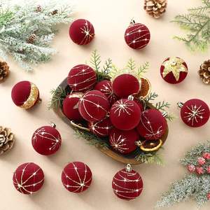 Bombillas colgantes de árbol de Navidad de Borgoña, bolas de árbol, adornos de árbol de Navidad de terciopelo rojo, decoración de bolas de Navidad flocadas - Product Image 1