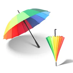 16K Regenboogkleuren Zwart Stalen Frame Lange Steel Rechte Anti-Uv Winddichte Regenstok Auto Open Grote Paraplu