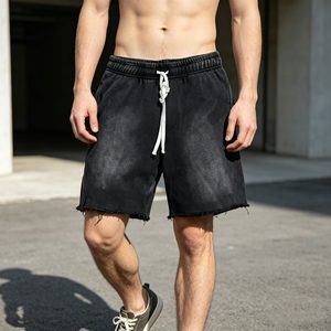 Pantalones cortos de hombre 100% algodón de felpa francesa, lavado ácido, estilo vintage, holgados, de pierna ancha, con cordón, efecto pulverizado, para hombre - Product Image 4