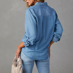 Channel Classic Button Down Roll Up Sleeve Denim Chambray Blue Jean Shirts For Women - Product Image 5